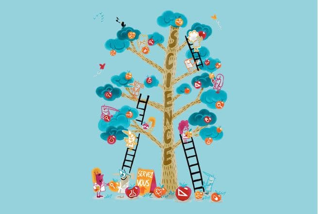 Illustration d'un arbre aux multiples branchages accessibles par des échelles, pour représenter la science ouverte.