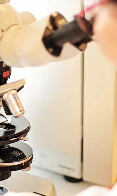 Une chercheuse en laboratoire étudie des molécules à travers un microscope